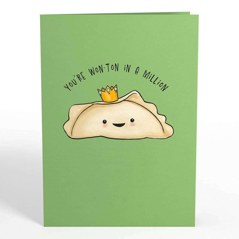 Green card cover with crowned dumpling and friendship greeting