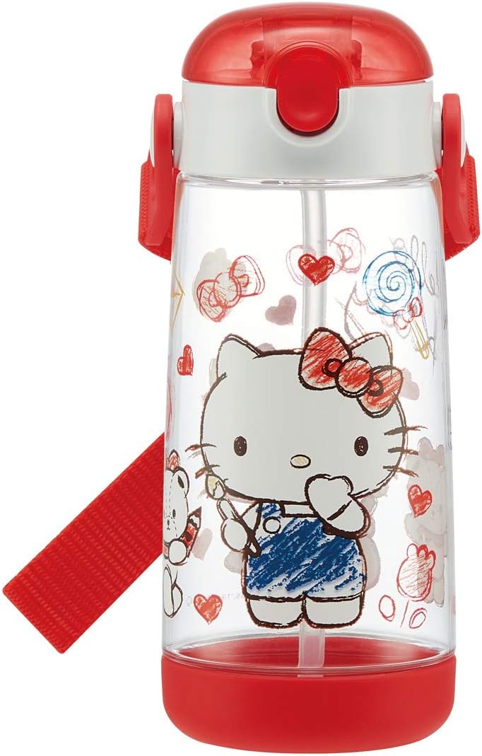 SKATER Lightweight Straw Bottle with Shoulder Strap (480ml) - Hello Kitty