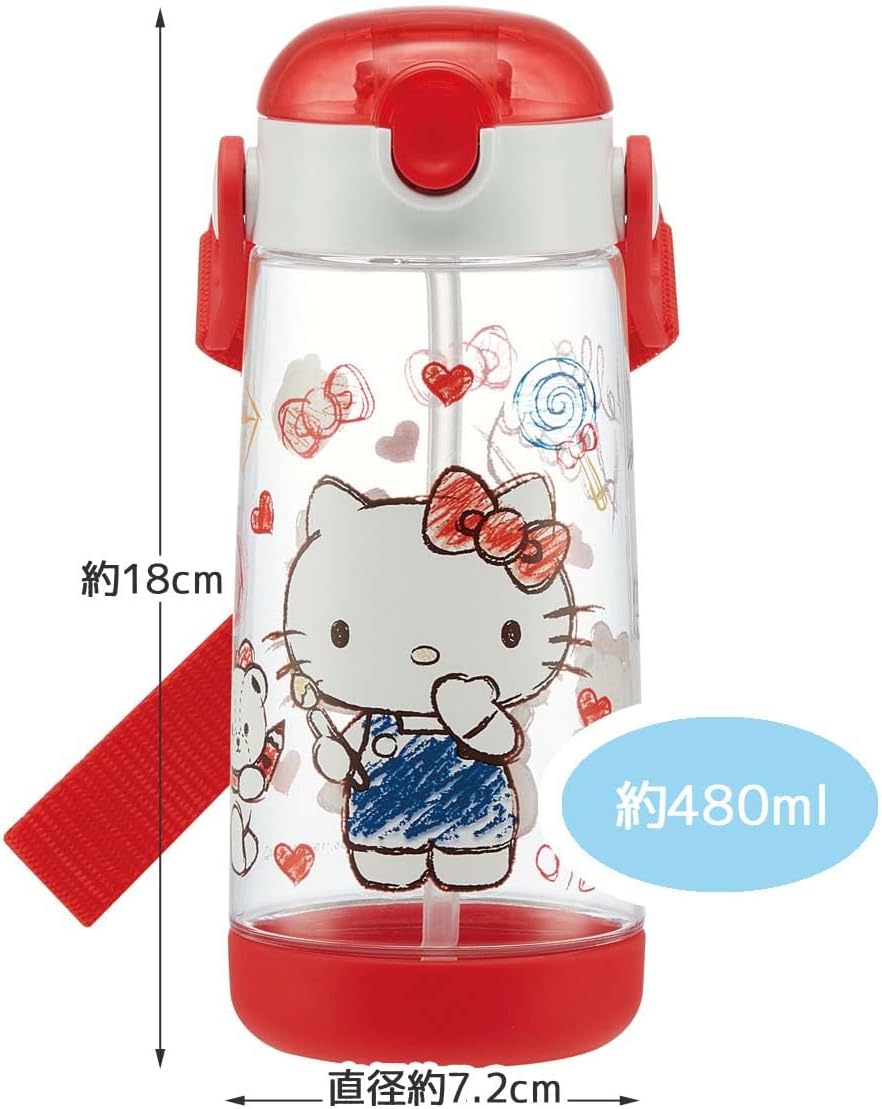 SKATER Lightweight Straw Bottle with Shoulder Strap (480ml) - Hello Kitty