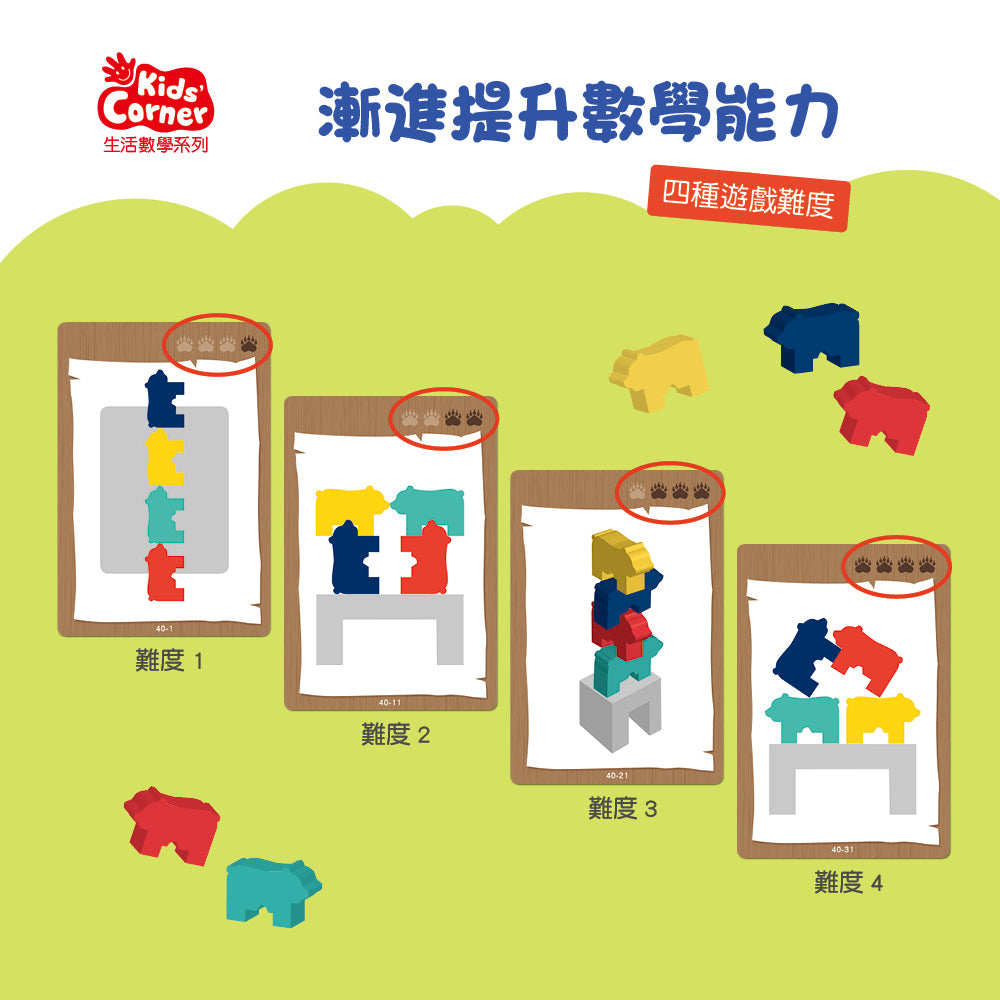 Four levels of bear stacking challenge cards