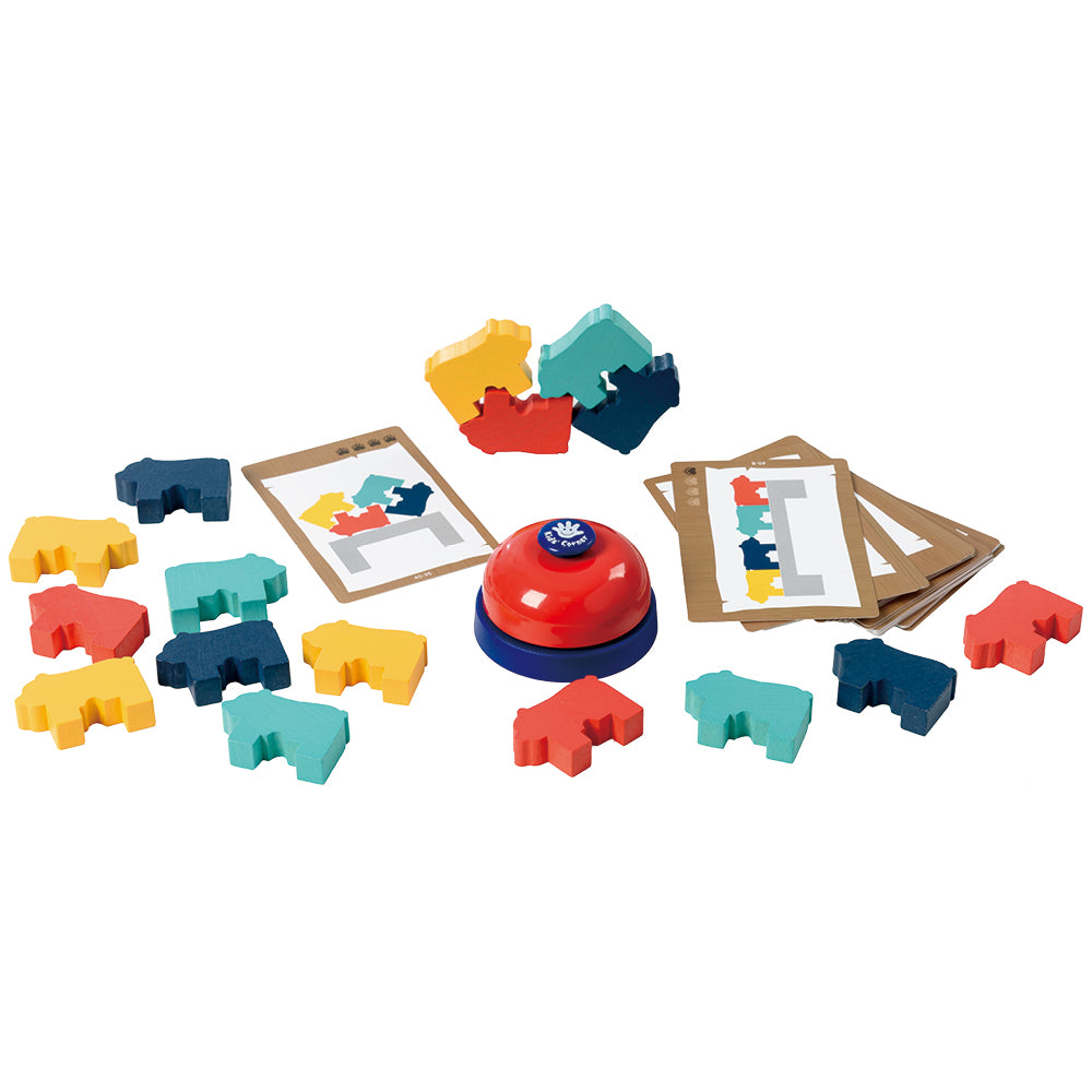 Colorful bear pieces, challenge cards, and game bell