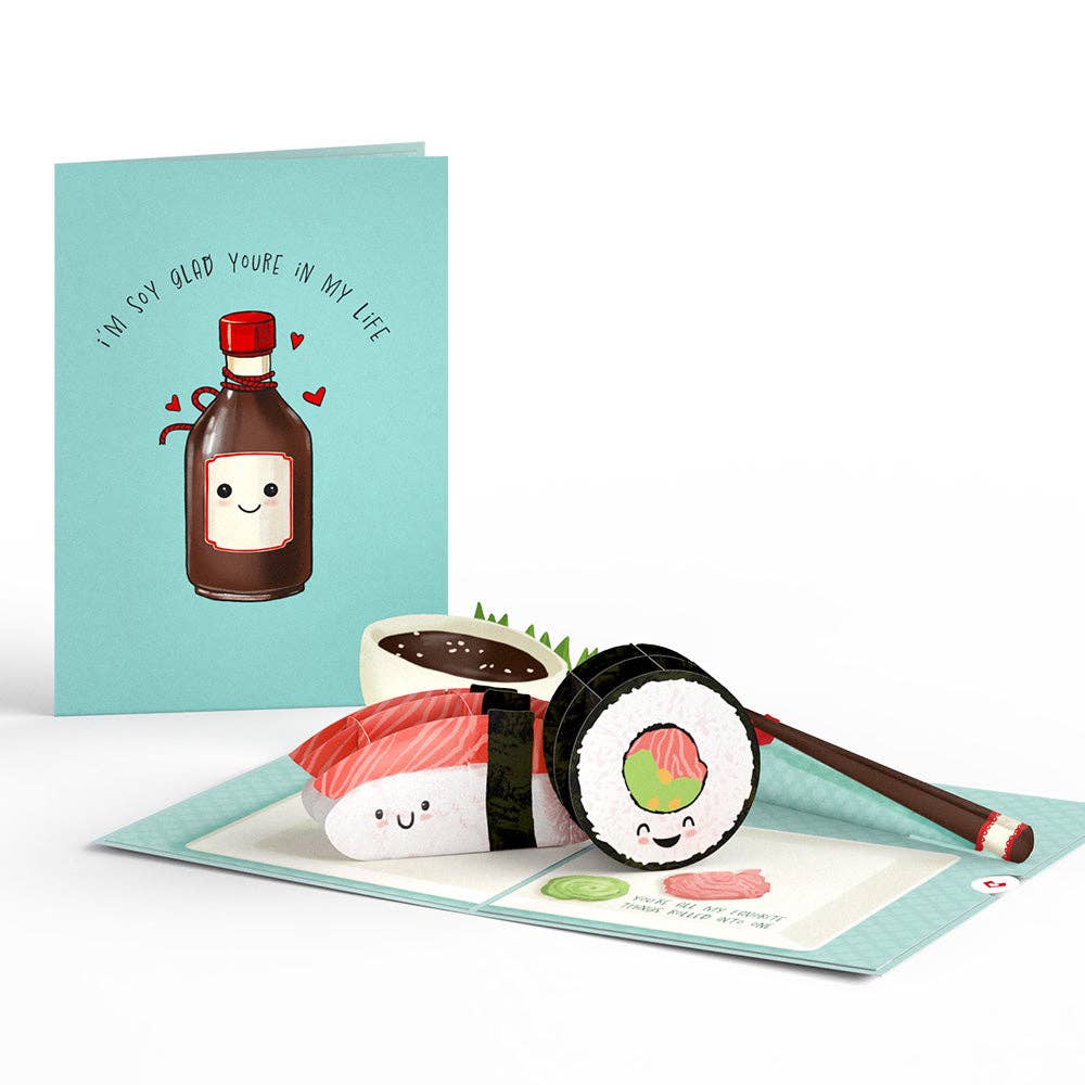 Sushi card opened beside its soy-sauce greeting cover
