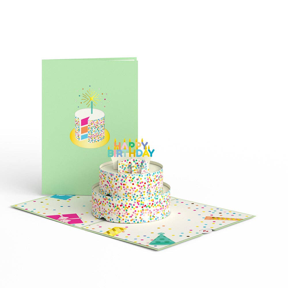 Sprinkles birthday cake card open beside its pale green cover