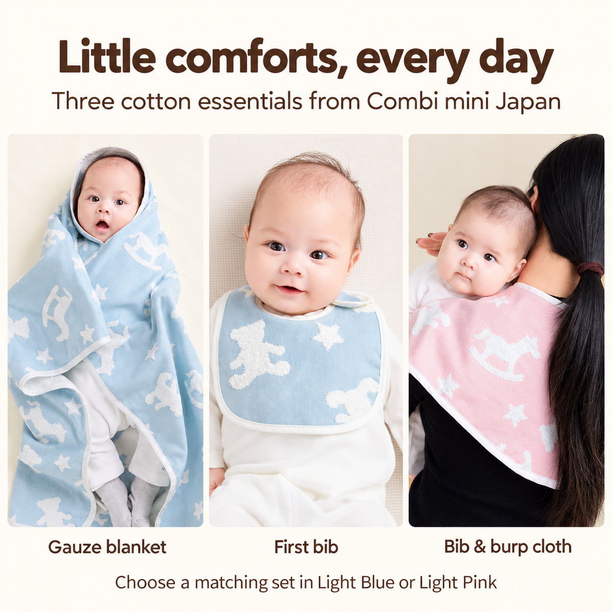 Three cotton essentials from Combi mini Japan: gauze blanket, first bib, and bib and burp cloth in use