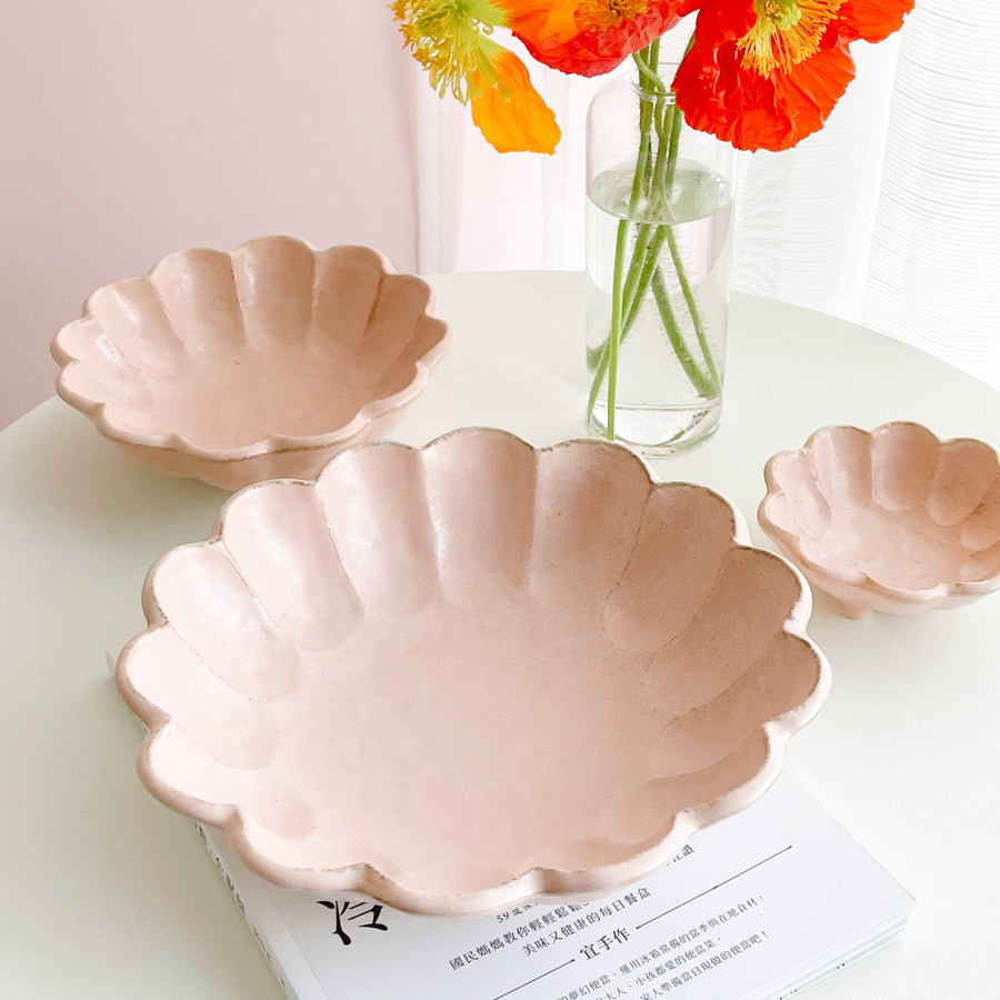 Rokuro Mino Ware Round Deep Plate 日本小兵粉引花缽 - Peach