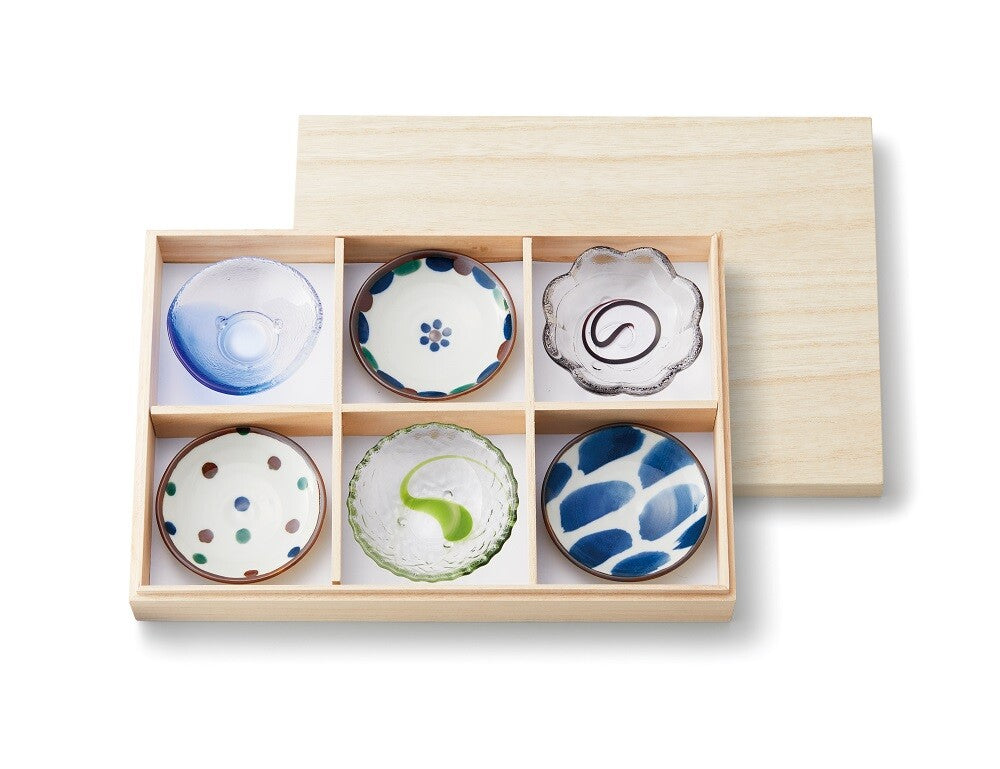 Japanese Chura 6-Piece Small Plate & Glass Bowl Wooden Gift Set