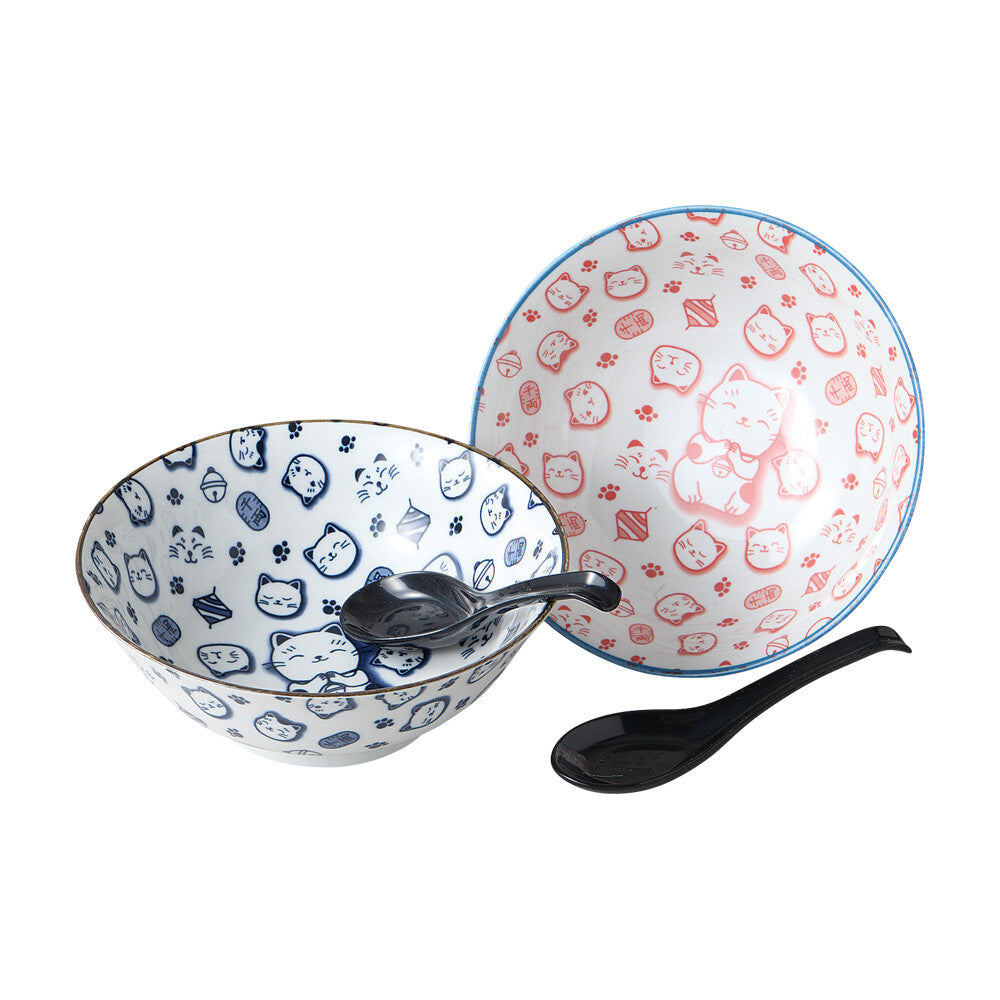 Maneki Neko Donburi Ramen Bowl Gift Set with Soup Spoons – Set of 2