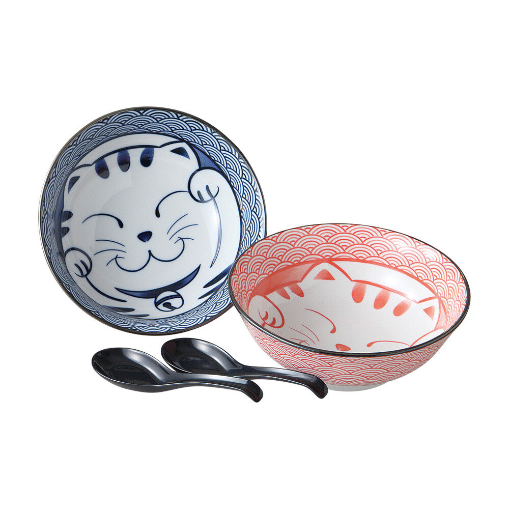 Maneki Neko Donburi Ramen Bowl Gift Set with Soup Spoons – Set of 2