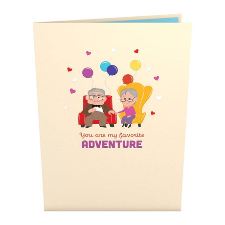 Up card cover with Carl, Ellie, balloons, and adventure greeting