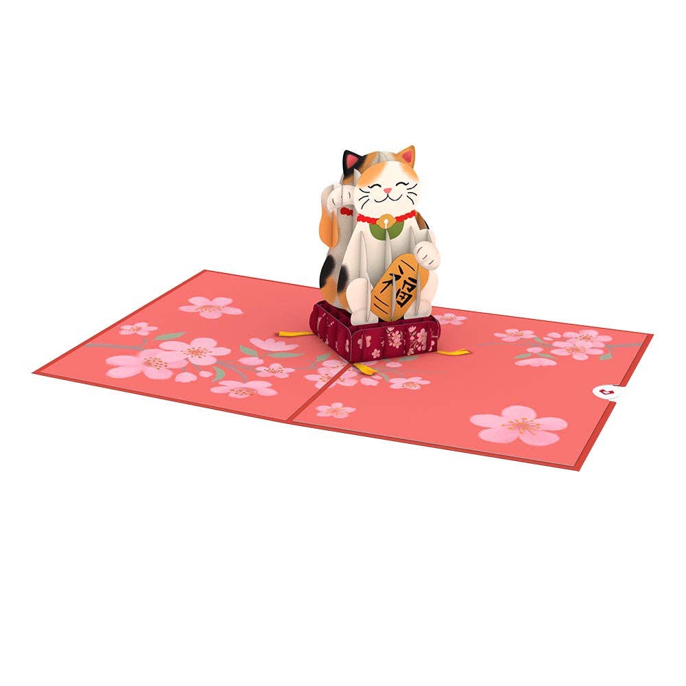 Open lucky cat pop-up card with floral background