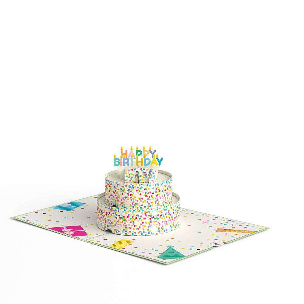 Open birthday cake pop-up card with party decorations