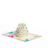 Open birthday cake pop-up card with party decorations