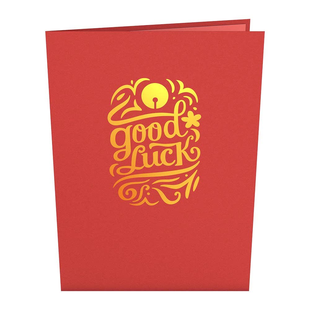 Red card cover with gold Good Luck lettering