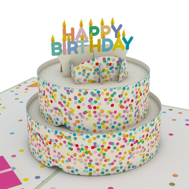 Layered paper birthday cake with colorful sprinkles and birthday lettering