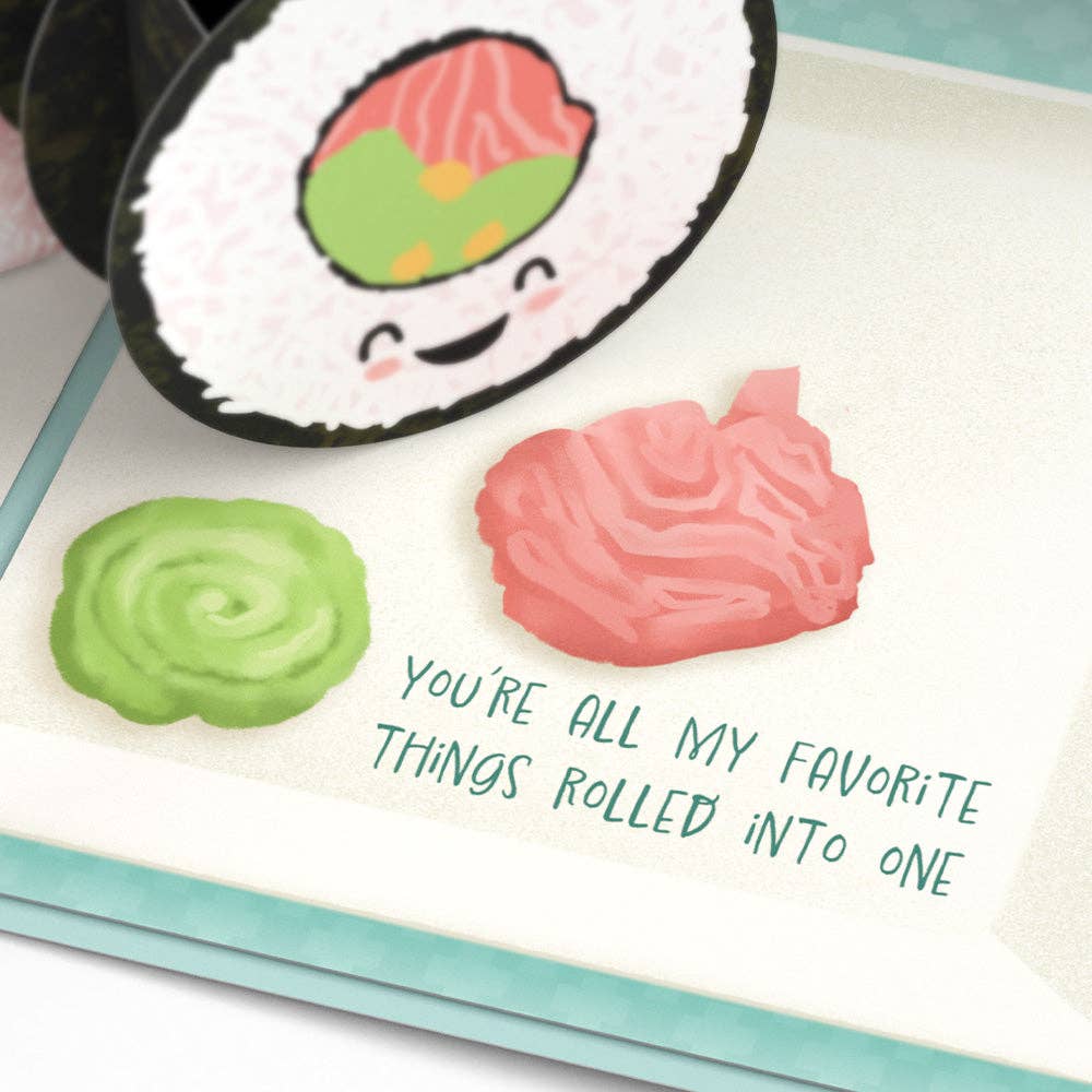 Close-up of sushi card details and printed English message
