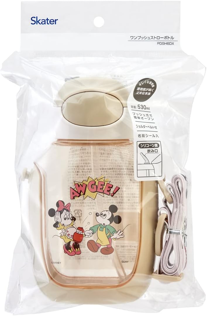 SKATER One-Push Straw Water Bottle with Carrier (530ml) - Mickey & Friends