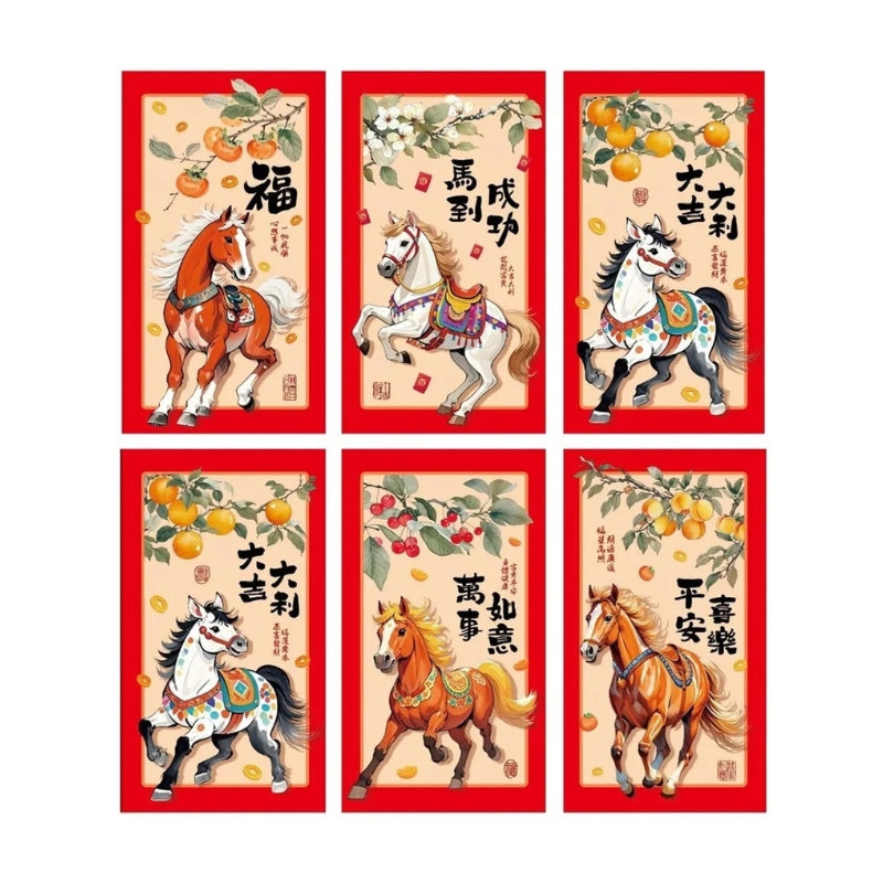 Fortune Horse Gold-Trim Red Envelopes (6 Pack)