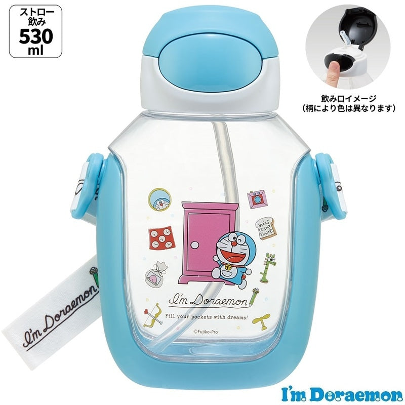 SKATER One-Push Straw Water Bottle with Carrier (530ml) - Doraemon