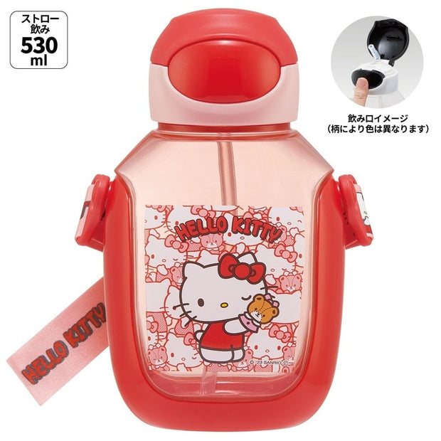 SKATER One-Push Straw Water Bottle with Carrier (530ml) - Hello Kitty (Red)