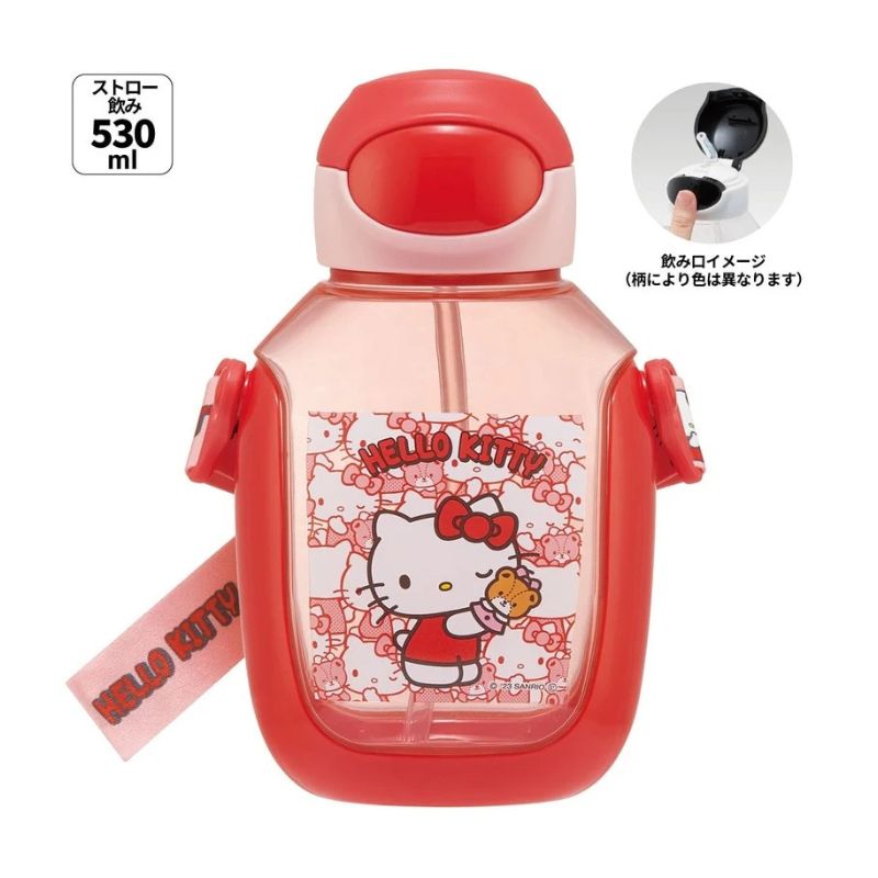SKATER One-Push Straw Water Bottle with Carrier (530ml) - Hello Kitty (Red)
