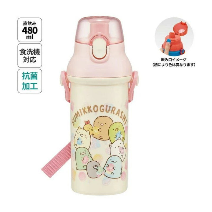 Skater Antibacterial Flask Water Bottle with Carry Strap (480ml) - Sumikko Gurashi Friends