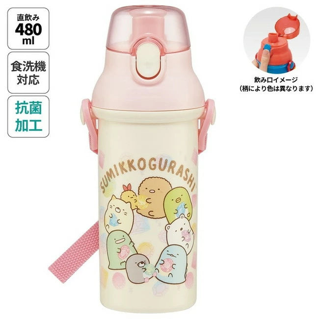 Skater Antibacterial Flask Water Bottle with Carry Strap (480ml) - Sumikko Gurashi Friends