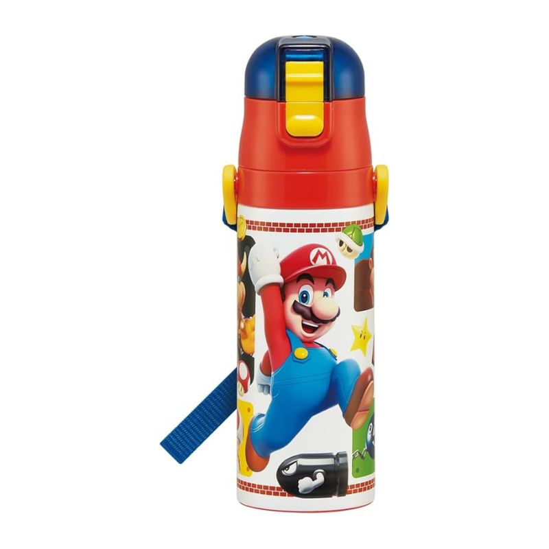 SKATER Stainless Steel Flask Water Bottle with Shoulder Strap - Super Mario (470mL)