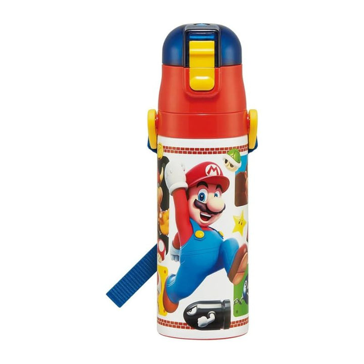 SKATER Stainless Steel Flask Water Bottle with Shoulder Strap - Super Mario (470mL)