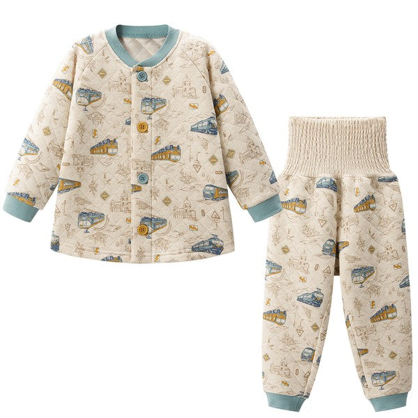 Warm Quilted Pajamas with Stretchy Belly Waistband – Train Journey