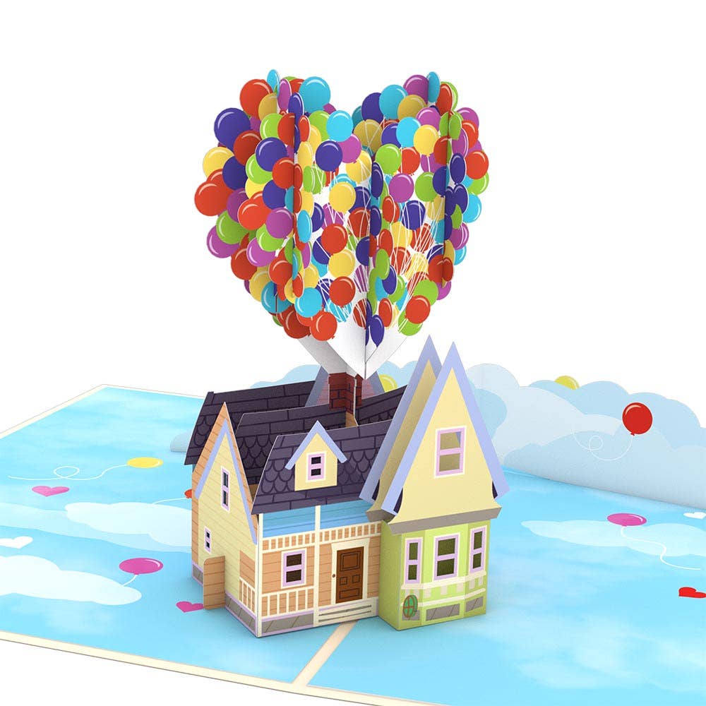 Up house beneath heart-shaped colorful paper balloons