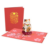 Lucky cat card open beside its red Good Luck cover