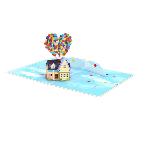 Open Up pop-up card showing the balloon house and cloud background