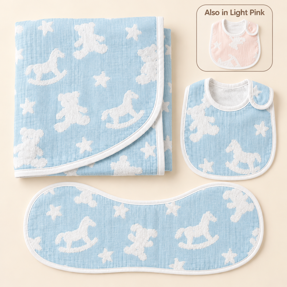 First Cuddles three-piece blue cotton gauze baby gift set, also available in light pink