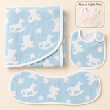 First Cuddles three-piece blue cotton gauze baby gift set, also available in light pink
