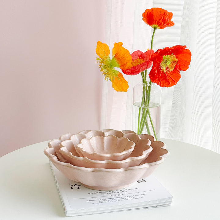 Rokuro Mino Ware Round Deep Plate 日本小兵粉引花缽 - Peach