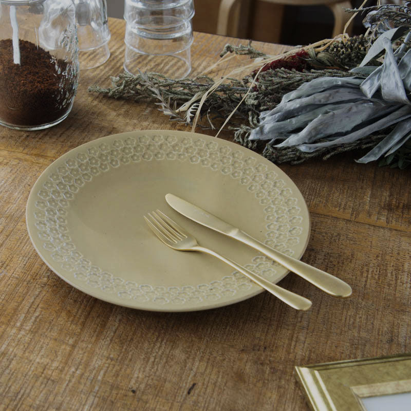 Press de Flower Scandi Plate (Matte Mustard) 日製美濃燒復古北歐霧面壓花盤 (芥末黃)