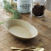 Press de Flower Scandi Oval Plate (Matte Mustard) 日製美濃燒復古北歐霧面壓花橢圓盤 (芥末黃)