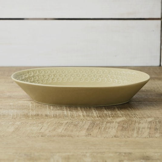 Press de Flower Scandi Oval Plate (Matte Mustard) 日製美濃燒復古北歐霧面壓花橢圓盤 (芥末黃)