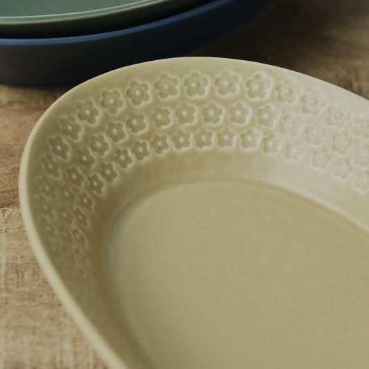 Press de Flower Scandi Oval Plate (Matte Mustard) 日製美濃燒復古北歐霧面壓花橢圓盤 (芥末黃)